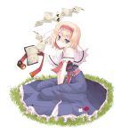  alice_margatroid blonde_hair blue_eyes book capelet dress flower grass hairband looking_at_viewer mochiki open_book paper short_hair sitting solo touhou v_arms 