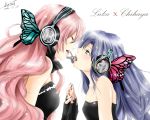  blush brown_eyes butterfly butterfly_hair_ornament butterfly_wings closed_eyes crossover eyes_closed fingerless_gloves fingernails gloves hair_ornament headphones idolmaster incipient_kiss kisaragi_chihaya ko-wei long_hair magnet_(vocaloid) megurine_luka multiple_girls open_mouth pink_hair twintails vocaloid wings yuri 