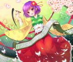  :d blush breasts butterfly calligraphy_brush flower hair_flower hair_ornament hieda_no_akyuu highres holding japanese_clothes nekosugiayana open_mouth paintbrush petals purple_eyes purple_hair scroll short_hair smile solo touhou violet_eyes 
