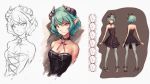  bare_shoulders black_dress breasts character_sheet choker cleavage concept_art demon_girl demon_horns doomfest dress fiend_(juniper&#039;s_knot) fiend_(juniper's_knot) green_hair horns juniper&#039;s_knot juniper's_knot mole pantyhose pointy_ears short_hair solo strapless_dress turnaround wrist_cuffs yellow_eyes 