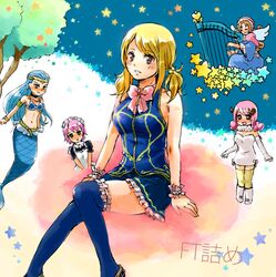  aquarius_(fairy_tail) aries_(fairy_tail) blonde_hair blue_legwear bow brown_eyes fairy_tail garters lucy_heartfilia thigh-highs thighhighs twintails virgo_(fairy_tail) wrist_cuffs zettai_ryouiki 