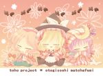  :&gt; alice_margatroid blonde_hair blush bow braid capelet closed_eyes crescent doll dress eyes_closed hair_bow hair_ribbon hat kirisame_marisa long_hair multiple_girls open_mouth patchouli_knowledge purple_hair ribbon shanghai_doll short_hair smile togima touhou witch_hat 