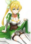  blonde_hair blush braid breasts cleavage elf green_eyes leafa long_hair looking_at_viewer pointy_ears ponytail skirt skirt_lift smile solo stds sword_art_online thigh-highs thighhighs twin_braids white_legwear 