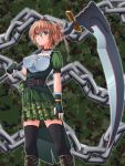  belt blue_eyes boots brown_hair camouflage chain chains copyright_request erect_nipples fingerless_gloves gloves highres scythe short_hair skirt solo thigh-highs thighhighs weapon yujin-yujin 