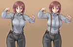  breast_squeeze breasts brown_eyes brown_hair large_breasts purple_shirt rozen_maiden rozenweapon short_hair suspenders 