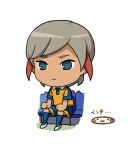  blue_eyes chibi ichino_nanasuke inazuma_eleven_(series) inazuma_eleven_go male mizuhara_aki multicolored_hair raimon sitting soccer_uniform solo two-tone_hair white_background 