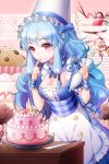  apron arm_garter arm_up blue_hair bow breasts cake cupcake detached_collar dress eating food frills fruit hat linus_falco long_hair parfait plaid pocky pointing red_eyes ribbon strawberry sword_girls very_long_hair wavy_hair 
