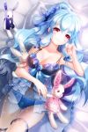  bare_shoulders blue_hair blush bow bra breasts bunny cleavage collarbone flower hair_ribbon holding linus_falco long_hair lying midriff navel on_back panties ponytail rabbit red_eyes ribbon see-through smile stuffed_animal stuffed_toy sword_girls underwear very_long_hair wavy_hair 