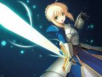  armor armored_dress blonde_hair braid cygnus_(artist) dress excalibur fate/zero fate_(series) french_braid gauntlets glowing glowing_sword glowing_weapon green_eyes hair_ribbon holding light_particles open_mouth revision ribbon saber short_hair solo sword weapon 