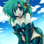  1girl armor bare_shoulders bent_over blush breasts choker cleavage collarbone final_fantasy final_fantasy_iv gauntlets green_eyes green_hair hair_ornament large_breasts long_hair open_mouth rydia sakaki_(noi-gren) simple_background sky solo thigh-highs thighhighs 