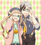 1girl ;d adjusting_glasses aqua_eyes argyle argyle_background beret bespectacled black_hair brown_hair elle_mel_martha glasses happy hat jacket jewelry long_hair ludger_will_kresnik multicolored_hair necklace necktie open_mouth shirt smile suspenders tales_of_(series) tales_of_xillia tales_of_xillia_2 twintails two-tone_hair utakata_masara white_hair wink 