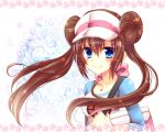  artist_request bag blue_eyes blush brown_hair bust double_bun hat hoshikuzu_miyu long_hair mei_(pokemon) pokemon pokemon_(game) pokemon_bw2 raglan_sleeves ribbon smile solo visor_cap 