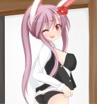 animal_ears ass blush bra breasts bunny_ears chimunge dress_shirt flower hair_flower hair_ornament hairclip long_hair open_clothes open_shirt panties ponytail rabbit_ears reisen_udongein_inaba shirt solo touhou underwear wink 
