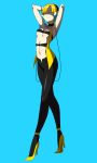  armpits arms_up black_legwear blonde_hair blue_background blue_eyes cable choker full_body headphones high_heels kamitsure_(pokemon) ken_(koala) pantyhose pokemon pokemon_(game) pokemon_black_and_white pokemon_bw shoes short_hair simple_background smile solo 