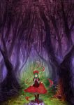  boots bow cross-laced_footwear dress forest frills front_ponytail green_eyes green_hair hair_bow hair_ornament hair_ribbon highres kagiyama_hina lace-up_boots long_hair looking_at_viewer nature red_dress ribbon shinigamiwyvern short_sleeves skirt_hold smile solo standing touhou tree 