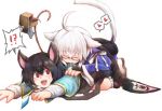  1girl ahoge animal animal_ears basket black_hair capelet cat_ears cat_tail closed_eyes eyes_closed glasses jewelry long_sleeves morichika_rinnosuke mouse mouse_ears mouse_tail nazrin open_mouth pendant red_eyes short_hair sweatdrop tail tamo_no_ko touhou white_background white_hair wide_sleeves 