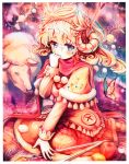  absurdres akabane akabane_(zebrasmise) apple arrow blonde_hair blue_eyes blush butterfly dress flower food fruit halo highres horns huge_filesize kaku-san-sei_million_arthur red_scarf scan scarf sheep sheep_horns sitting solo tears wariza 