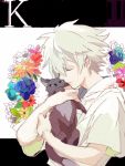  1boy animal cat closed_eyes eyes_closed flower holding male nagisa_kaworu neon_genesis_evangelion tegaki white_hair 