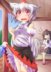  animal_ears bare_legs black_hair blush detached_sleeves fang flying_sweatdrops fun_bo hat inubashiri_momiji multiple_girls open_mouth red_eyes shameimaru_aya short_hair skirt skirt_lift tail tokin_hat touhou white_hair wolf_ears wolf_tail 