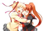  blonde_hair brown_hair closed_eyes eyes_closed hug kamikita_komari little_busters!! long_hair misaki_juri multiple_girls natsume_rin plaid plaid_skirt ponytail school_uniform short_hair skirt tears twintails 