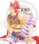  1boy armlet blue_eyes bola_(weapon) boots cape fabulous fingerless_gloves gloves goggles goggles_around_neck hat jojo_no_kimyou_na_bouken joseph_joestar_(young) legwear_under_shorts lipstick makeup nico2gn purple_hair shorts solo string striped striped_legwear tied_up 