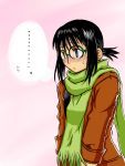  1girl black_hair blush brown_eyes coat genshiken glasses ogiue_chika scarf short_hair short_ponytail solo winter_clothes 