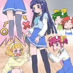  5girls aoki_reika black_legwear blonde_hair blue_hair blush green_hair hino_akane hoshizora_miyuki isedaichi_ken kise_yayoi long_hair midorikawa_nao multiple_girls o_x open_mouth pink_hair ponytail precure school_uniform short_hair smile_precure! steam_from_nose sweatdrop thigh-highs thighhighs you&#039;re_doing_it_wrong you're_doing_it_wrong zettai_ryouiki 