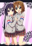  :d black_hair blush brown_eyes brown_hair cardigan hair_ornament hairclip hand_holding hand_on_waist hirasawa_yui holding_hands k-on! k-on!_movie kneeling long_hair looking_at_viewer multiple_girls nakano_azusa no_shoes open_mouth outline pink_eyes plaid plaid_skirt pleated_skirt short_hair skirt smile tamaran twintails 
