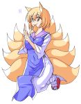  animal_ears blonde_hair breasts fox_ears fox_tail hirase_yuu mouth_hold multiple_tails short_hair simple_background smile solo tail touhou white_background yakumo_ran 