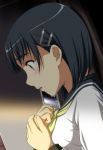  black_hair blush crying green_eyes hair_ornament hairclip hands_on_own_chest kirigaya_suguha nori_tamago portrait profile school_uniform serafuku short_hair side solo sword_art_online tears 