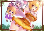  adapted_costume animal_ears bare_shoulders bell blonde_hair blue_eyes breasts chibi choudenji_nuko hair_ornament large_breasts minigirl moriya_suwako mouse_ears mouse_tail multiple_girls nazrin red_eyes revision short_hair silver_hair tail thigh-highs thighhighs toramaru_shou touhou tray 