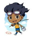  brown_hair bucket chibi cloud clouds dark_skin fishing_rod goggles goggles_on_head hamano_kaiji inazuma_eleven_(series) inazuma_eleven_go lowres male mizuhara_aki open_mouth raimon soccer_uniform solo white_background 