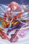  bare_shoulders black_legwear center_opening detached_sleeves fingerless_gloves flower gloves guilty_crown hair_ornament highres l.green partially_submerged pink_hair red_eyes solo water yuzuriha_inori 