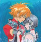  1girl absurdres blonde_hair blue_background brown_hair choker closed_eyes couple eyes_closed gloves hair_ornament hairpin hand_holding highres holding_hands kuroei kyle_dunamis reala short_hair smile tales_of_(series) tales_of_destiny_2 traditional_media 