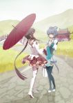  braid bridge brown_hair grey_hair hair_rings liusang luo_tianyi multiple_girls oriental_umbrella thigh-highs thighhighs umbrella vocaloid yuezheng_ling 