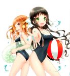  :d absurdres ass ball bare_shoulders beachball black_hair bow breasts brown_eyes brown_hair cleavage clothed_navel collarbone cuteg fang green_eyes hair_bow hair_ornament hairclip highres innertube kannagi_miyabi kono_naka_ni_hitori_imouto_ga_iru! long_hair looking_back multiple_girls official_art open_mouth scan school_swimsuit smile splash splashing swimsuit tsuruma_konoe twintails 