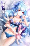  bare_shoulders blue_hair blush bow bra breasts bunny cleavage collarbone flower hair_ribbon holding linus_falco long_hair lying navel on_back panties rabbit red_eyes ribbon shiny shiny_skin smile stuffed_animal stuffed_toy sword_girls thigh_gap underwear wavy_hair 