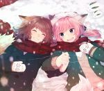  androgynous animal_ears blue_eyes brown_hair closed_eyes coat eyes_closed fang fox_ears fox_tail hand_holding highres holding_hands hoshiyui_tsukino inazuma_eleven_(series) inazuma_eleven_go kirino_ranmaru mittens multiple_boys open_mouth peacoat pink_hair plaid plaid_scarf scarf shared_scarf shindou_takuto smile snow sweater tail trap twintails winter 