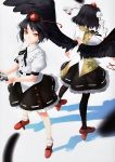  absurdres back_cutout black_hair black_legwear black_wings blurry camera depth_of_field dual_persona feathers geta hat highres looking_at_viewer multiple_girls orange_eyes pantyhose red_shoes rokuwata_tomoe scan shadow shameimaru_aya shoes short_hair smile tokin_hat touhou wings 