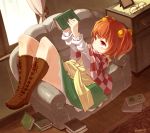  artist_name bell blueberry_(5959) book boots brown_hair checkered couch cross-laced_footwear curtains glasses glasses_removed hair_bell hair_ornament holding holding_book jingle_bell lace-up_boots lying motoori_kosuzu on_back open_book picture_frame reading red_eyes short_hair skirt smile solo touhou twintails 