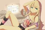  :&lt; bare_shoulders blonde_hair chair computer flat_chest green_eyes laptop long_hair magister_(bigbakunyuu) off_shoulder original reclining sakuraba_himari shiratama_lilliana short_shorts shorts socks solo sriped_legwear striped striped_legwear sweatdrop 