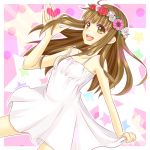  :d ahoge aoi_(kiyokiyoaomushi) babydoll bare_shoulders blush brown_eyes brown_hair collarbone flat_chest flower happy head_wreath heart just_be_friends_(vocaloid) long_hair open_mouth original skirt_hold smile solo star teeth 
