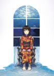  armchair barefoot brown_hair bubble chair fish floral_print highres japanese_clothes kimono looking_at_viewer obi open_mouth orange_eyes original rai32019 short_hair sitting solo surreal water whale white_background window 