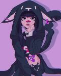  1girl animal_ear_legwear animal_hood bandaid bandaid_on_knee bandaid_on_nose black_ribbon cat_ear_legwear grey_eyes highres hood joshuathefruit lips lipstick looking_at_viewer makeup mr._mew purple_background ribbon sakurane_shouka shadow shin_subarashiki_kono_sekai thigh-highs 