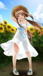  1girl :d arm_behind_back arm_up blue_ribbon blue_sky brown_eyes brown_hair clouds collarbone day doukyuusei_another_world dress field floating_hair flower flower_field full_body game_cg hair_intakes hat kakyuusei_2 long_hair looking_at_viewer official_art open_mouth outdoors ponytail ribbon saimon_tamaki see-through shiny shiny_hair sky sleeveless sleeveless_dress smile solo standing straw_hat sun_hat sundress sunflower very_long_hair white_dress white_ribbon yellow_flower 