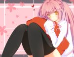  black_legwear bloodcatblack heart long_hair original pillow pink_hair sleeves_past_wrists solo thigh-highs thighhighs twintails yellow_eyes 