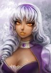  breasts character_request cleavage curly_hair dark_skin elsword grey_background hairband lips long_hair mole orange_eyes poklala shiny shiny_skin smile solo white_hair 