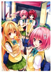  :d :t absurdres bag black_legwear blonde_hair blue_eyes bowtie braid demon_tail eating fang flower food hair_flower hair_ornament hair_twirling highres kneehighs konjiki_no_yami kurosaki_mea loafers long_hair looking_back momo_velia_deviluke multiple_girls nana_asta_deviluke open_mouth pink_eyes pink_hair plaid plaid_skirt pleated_skirt red_eyes red_hair redhead scan school_bag school_uniform shoes short_hair skirt smile tail taiyaki thigh_strap to_love-ru to_love-ru_darkness twintails very_long_hair vest wagashi yabuki_kentarou 