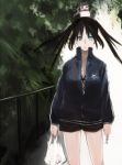  black_rock_shooter black_rock_shooter_(character) blue_eyes fence key shorts snowman tree twintails yukiguni_(mizake) 