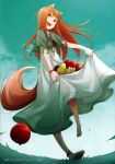  :d absurdres animal_ears anklet apple ayakura_juu barefoot blush brown_hair fang feet food fruit grapes grass hands highres holo jewelry long_hair open_mouth pear red_eyes scan skirt skirt_basket smile solo spice_and_wolf tail wolf_ears wristband 